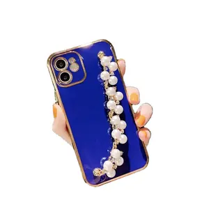 Gold Pearl Chain Phone Case For iPhone 14 13 12 11 Pro Max XR XS MAX Soft Shiny Diamond Wrist Case for iPhone 6s 7 8 Plus Cover