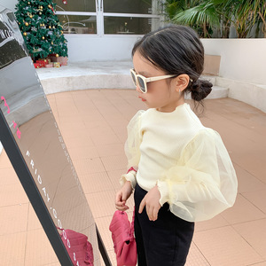 Pull pour bébés filles mignon printemps-automne, T-shirt à sequins et manches bouffantes en maille, col à volants, hauts unis pour enfants de 2 à 7 ans - Product Image 6