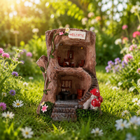 Maison de fée en résine sur tronc d'arbre, statue avec lumière LED solaire, maison d'elfe miniature à deux étages, maisonnette champignon et fleur peinte à la main pour patio et jardin