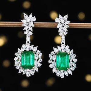 SGARIT 18K Solid Gold Natural Emerald Dangle Earrings 4.24ct Main <b>Stone</b> With White Sapphire Accent Gems gemston jewelry - Product Image 1