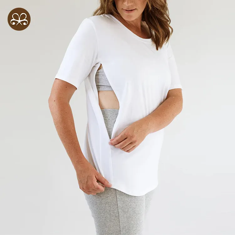 100% オーガニックコットンカーブ裾母乳育児マタニティTシャツ、両面見えないジッパー付き