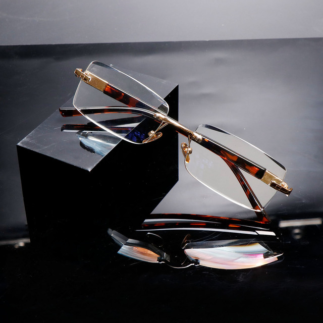 Fashion Custom Gold Square Eyeglasses Metal Rimless Diamond Cut Edge Anti Blue Light Blocking Reading Glasses for Men