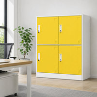 Armoire de rangement moderne en acier avec 4 portes jaunes verrouillables, étagères ouvertes pour livres, dossiers, jouets et articles essentiels quotidiens