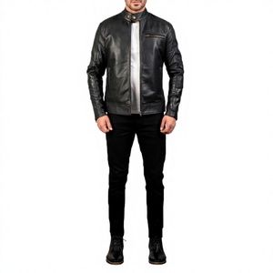 Men's Black Genuine Leather Heated Moto <b>Jacket</b> <b>Mandarin</b> <b>Collar</b> Zipper Closure Regular Fit Front Logo Winter Wear - Product Image 5