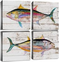Lot de 4 tableaux muraux en aquarelle de thon, impressions sur toile encadrée, décoration marine côtière pour maison de plage