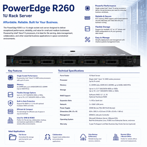 Serveur en rack Dell PowerEdge R260 1U, processeur Xeon E à une seule prise, serveur de fichiers professionnel, serveur d'<span class=keywords><strong>entreprise</strong></span> pour les PME et les bureaux à distance - Product Image 2