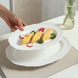 Assiettes <span class=keywords><strong>de</strong></span> <span class=keywords><strong>table</strong></span> en céramique blanches unies à volants, plats ovales pour la maison, la cuisine, le café, le petit-déjeuner, le steak, la cuisine occidentale, usage quotidien - Product Image 5