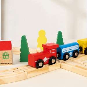 Ensemble de train électrique en bois de pin avec <span class=keywords><strong>locomotive</strong></span> à piles, wagons, arbres, jouet ferroviaire Montessori pour tout-petits - Product Image 4
