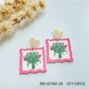 Boucles d'oreilles pendantes peintes à motifs floraux, cadre rose, breloque en forme de cœur, bijoux à la mode pour femmes, 12 pièces - Product Image 4