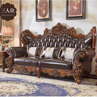 Ensemble de canapés en chêne de style européen 1+2+3, design sculpté en bois massif, grande taille, pour salon de villa, mobilier haut de gamme de style américain, quatre places