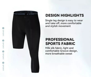 Men's Asymmetry Basketball Compression Tights Wholesale Mid Waist Solid Pattern Fitness <strong>Leggings</strong> with One Short Leg Pants - Product Image 6