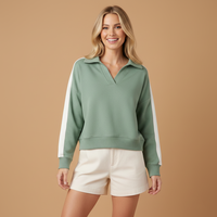 Sweat-shirt polo personnalisé pour femme, col en V, manches contrastées à rayures, épaules tombantes, coupe décontractée