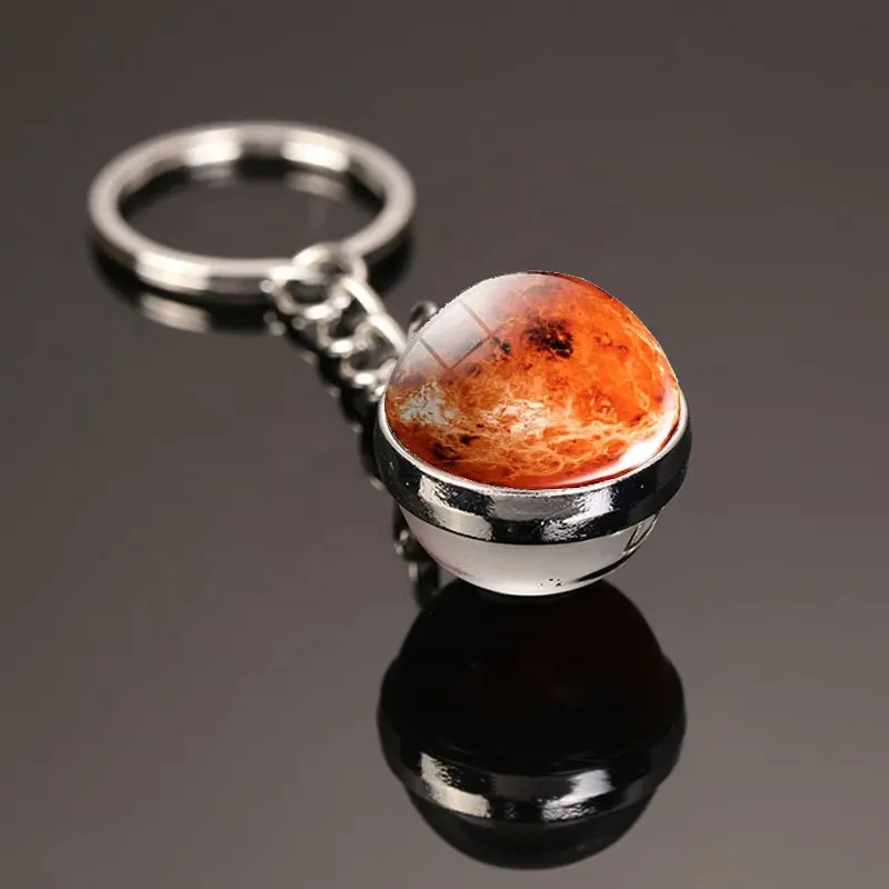 Solar System Metal Double Sided Glass Ball Pendant Key Ring Holder Earth Mars Saturn Galaxy Nebula Key Chain Gifts