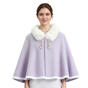 Women Elegant Faux Fur Collar <b>Shawl</b> Sleeveless Lace Trimmed Cloak Fluffy Pearl Closure Open Front Wrap for Bride - Product Image 1