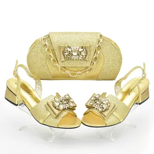 Beautiful High Heel Italian Shoes Bag Set With Stones Gold Chain Women Party Shoes Matching Bag Set