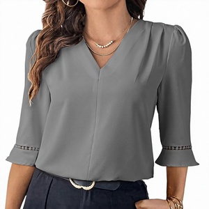 Camicette da <span class=keywords><strong>donna</strong></span> a maniche 3/4, eleganti e casual, con scollo a V, pieghettate, per ufficio e lavoro. - Product Image 1