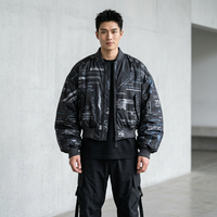 Blouson Bomber Techwear Noir Épais Style Punk avec Col Montant et Imprimé Circuit Abstrait Écologique Respirant Finition Personnalisée