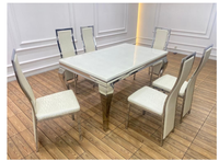 Table à manger rectangulaire moderne en marbre avec ensemble de chaises de salle à manger en acier inoxydable et cuir PU noir pour cuisine, hôtel, salle de banquet
