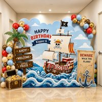 Décor de fond en panneau KT sur le thème des pirates pour anniversaire d'enfants, ensemble de ballons, toile de fond photo pour fête de garçons, nom personnalisé disponible