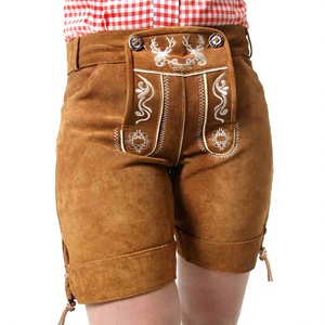 Custom Vintage Brown Genuine Cowhide Suede Leather <b>Women</b>’s <b>Lederhosen</b> Shorts With Embroidered Oktoberfest Bavarian Traditional - Product Image 1