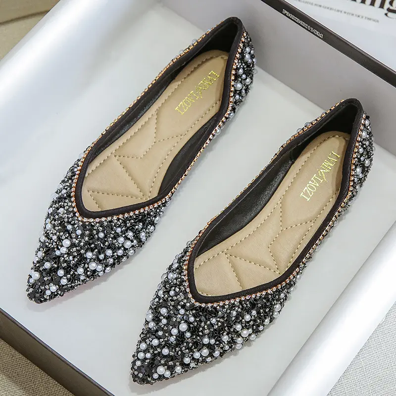 PDEP 2022 silk fabric flat shoes women new styles pointed toe luxury rhinestone pearl glitter ladies open casual shoes flats