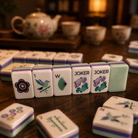 Tuiles de Mahjong en Acrylique Vert Perle à Quatre Couches avec Motifs Floraux Violets et Lanternes d'Oiseaux pour Jeu de Table Domestique Intérieur
