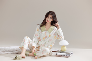 L'ultimo stile di tulipano in puro cotone con abbinamento dei colori è un abbigliamento da notte imperdibile per la casa <span class=keywords><strong>e</strong></span> i viaggi delle donne - Product Image 2