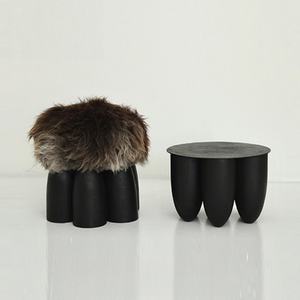 Modern Ottoman | Solid Wood Base Round Lamb Wool Fur Footstool <strong>Small</strong> Tufted <strong>Pouffe</strong> for Living Room Bedroom Showhome Home Decor - Product Image 5