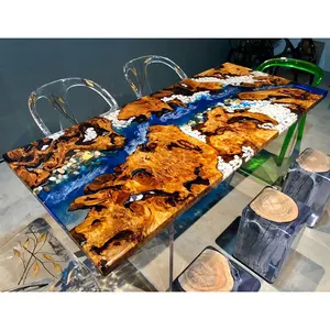 Customized Modern Villa Furniture Wood And Resin Red Epoxy Resin Table Dining For Home Furniture