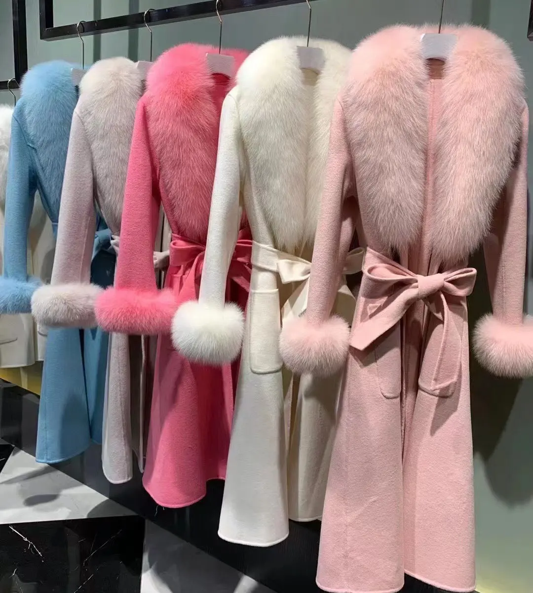 Chic Woolen Overcoat Elegant Lady Long Woolen Coat Winter Real Fox Fur Collar Pink Women Trench Coat With Belt Fur Coat