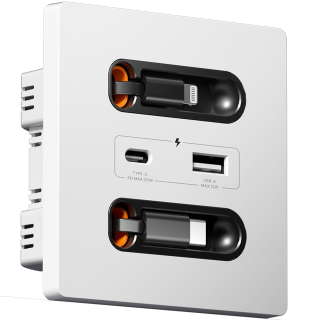 Universal Type-C USB Socket with Retractable Charging Cable, PC Panel, 20W USBA+USBC Port, Wall Fast Charging USB Socket