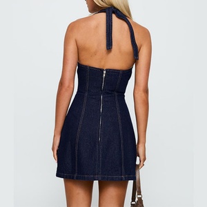 Custom Design Factory V Neck Halter Women's Sexy Slim Denim Mini Dress Backless Lace up Back Zipper Female Cotton Mini Dress - Product Image 2