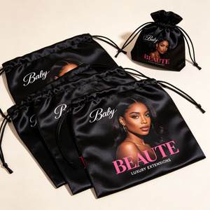 Custom Logo Luxury Black Satin Hair <b>Bag</b> Silk Drawstring Packaging Pouch For Wigs Hair Bundles Salon Supplies - Product Image 3