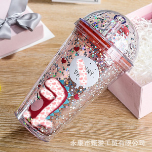 Dinosaur <b>Straw</b> <b>Cup</b> Cartoon Double Layer With Glitter <b>Lid</b> Summer Drink <b>Cup</b> For Kids Party Gift - Product Image 4