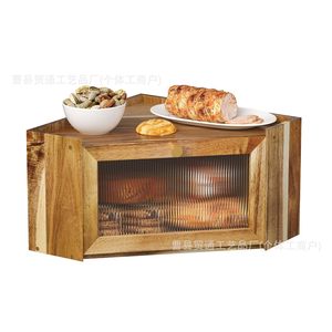 Wooden Bread Box <b>Corner</b> Kitchen Counter Storage Airtight Rectangle Wood Grain Color Lid Vegetable Fruit <b>Cabinet</b> - Product Image 5