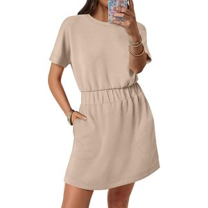 FOXA Womens Casual Short Sleeve Crew Neck <b>Elastic</b> Waist Mini T Shirt <b>Dress</b> With Pockets Daily Wear 100 Cotton Knitted Loose - Product Image 1