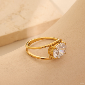 <span class=keywords><strong>Bague</strong></span> pour <span class=keywords><strong>femme</strong></span> en acier inoxydable plaqué or 18 carats de haute qualité, avec grand zircon ovale superposé et barre en zircone cubique, étanche - Product Image 4