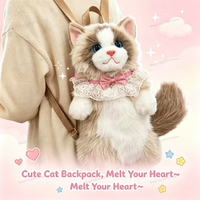 Sac à dos en flanelle ultra-réaliste en forme de chat de dessin animé, sac de rangement mignon pour l'école et les voyages, style Lolita