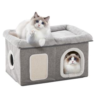 Cama Cueva Plegable 2 en 1 <span class=keywords><strong>para</strong></span> Gatos con Rascador de Sisal, Refugio <span class=keywords><strong>para</strong></span> Gatos, Casa <span class=keywords><strong>para</strong></span> Gatos Extra Ancha <span class=keywords><strong>para</strong></span> Interiores - Product Image 1