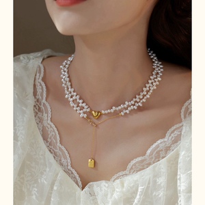 Magnifique collier de perles baroques avec dentelle et argent écrasé, petite chaîne de clavicule décalée, élégante chaîne de pull - Product Image 4