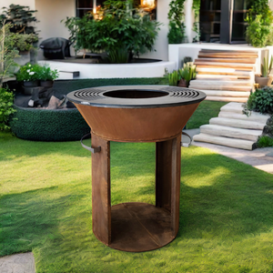 Nouvelle innovation : Brasero rond en acier Corten pour cuisson au feu de bois avec rangement pour bûches - Product Image 4