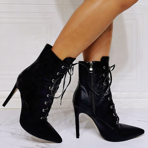Bottines décontractées pour femmes, style spécial, noires, à talon haut, sexy, à bout pointu, à lacets, pour l'hiver, grandes tailles 47 - Product Image 6