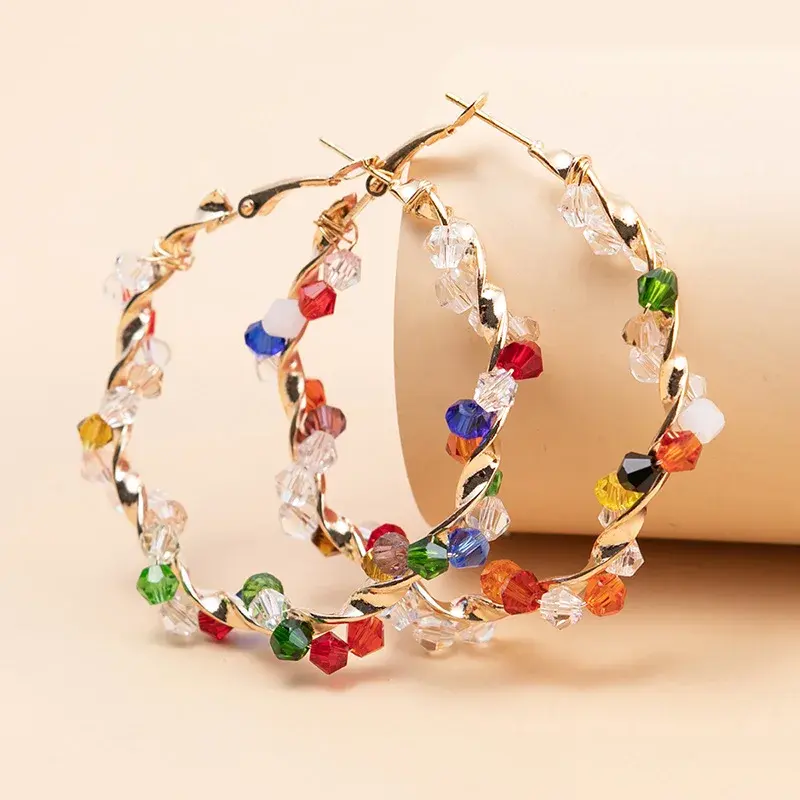 Zufallsklare bunte Kristall-Hoop-Ohrringe für Damen neue Mode großer runder Kreis Statement-Ohrringe Hochzeitsfeier bohemianischer Schmuck