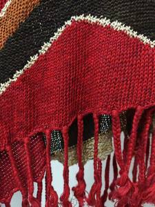 Ethnic - Inspired Fringed Knitted <b>Cardigan</b> with Color - Blocked Wavy Patterns in <b>Red</b> - Dominant Tones - Product Image 3