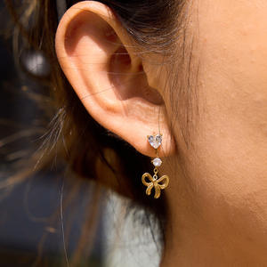 Bijoux fantaisie en acier inoxydable plaqué or, étanches, avec zircon blanc, longues boucles d'oreilles à pampilles, boucles d'oreilles à nœud pour cadeau - Product Image 5