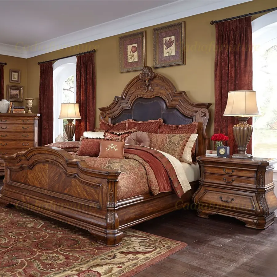 Conjuntos de muebles de dormitorio tallados en madera de lujo americano, muebles reales de diseño clásico, juegos de dormitorio, muebles para el hogar, madera antigua
