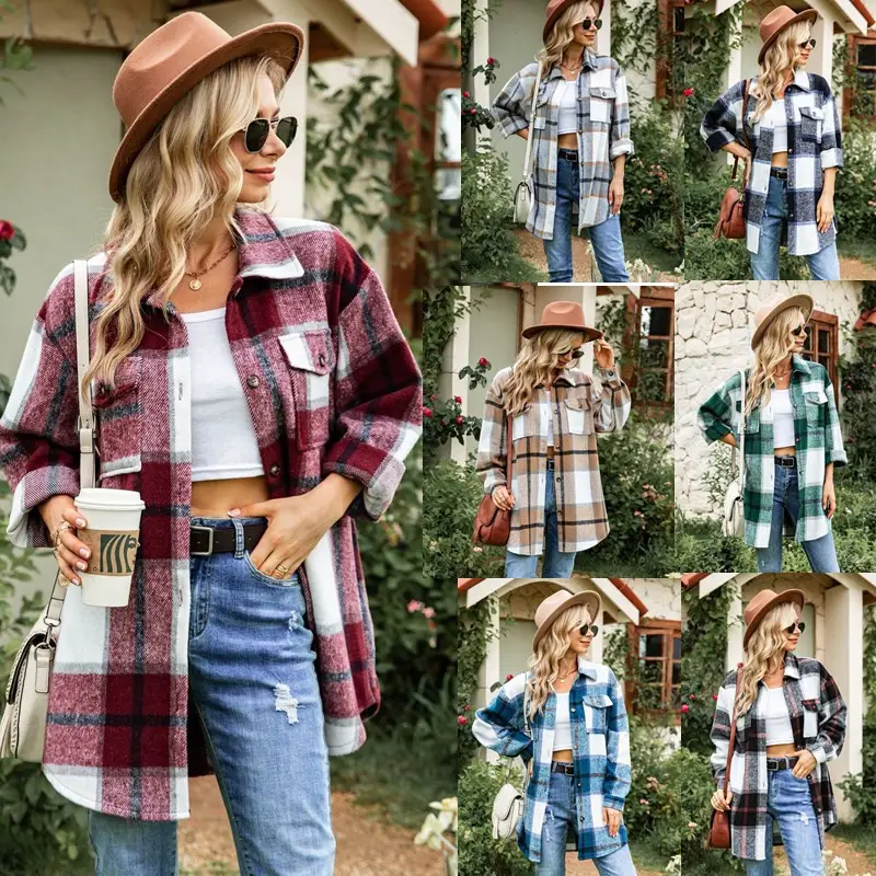 Hot Sale vintage long shirts button down plaid blouse wholesale casual warm fall plaid flannel shirt for women