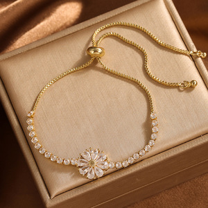 Flower Shape <b>Copper</b> Alloy <b>Bracelet</b> Gold And White Channel Setting Stretchable Jewelry For Women - Product Image 3