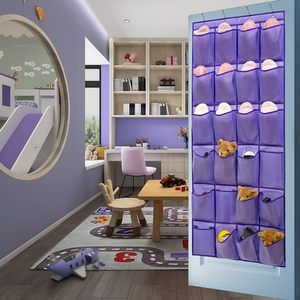 Over The Door Hanging Organizer 24 Pockets Purple Fabric Storage Rack For <b>Shoes</b> Clothing With 4 <b>Hooks</b> - Product Image 2