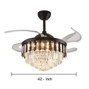 Retractable Blades Round Ceiling Fan Lamp With Dimming Led Crystal Light Modern Gold Chandelier For Bedroom Indoor Home Lighting